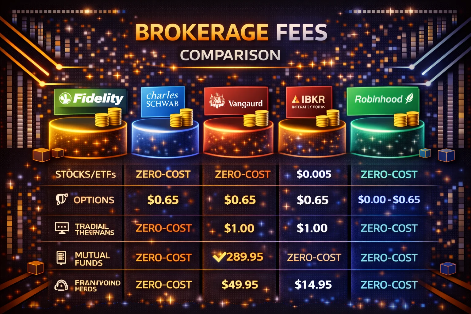 Fee comparison chart between IBKR and Charles Schwab showing commission rates, margin costs, and account fees