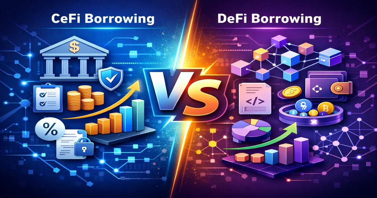 Comprehensive comparison chart of CeFi vs DeFi cryptocurrency lending platforms showing security, features, and requirements
