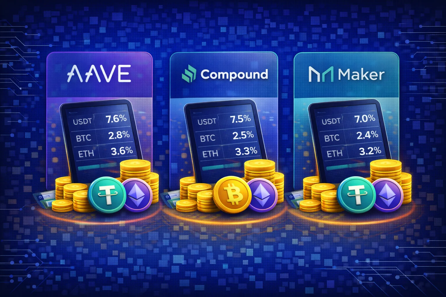 Comparison chart of top DeFi lending protocols showing TVL, yields, and features