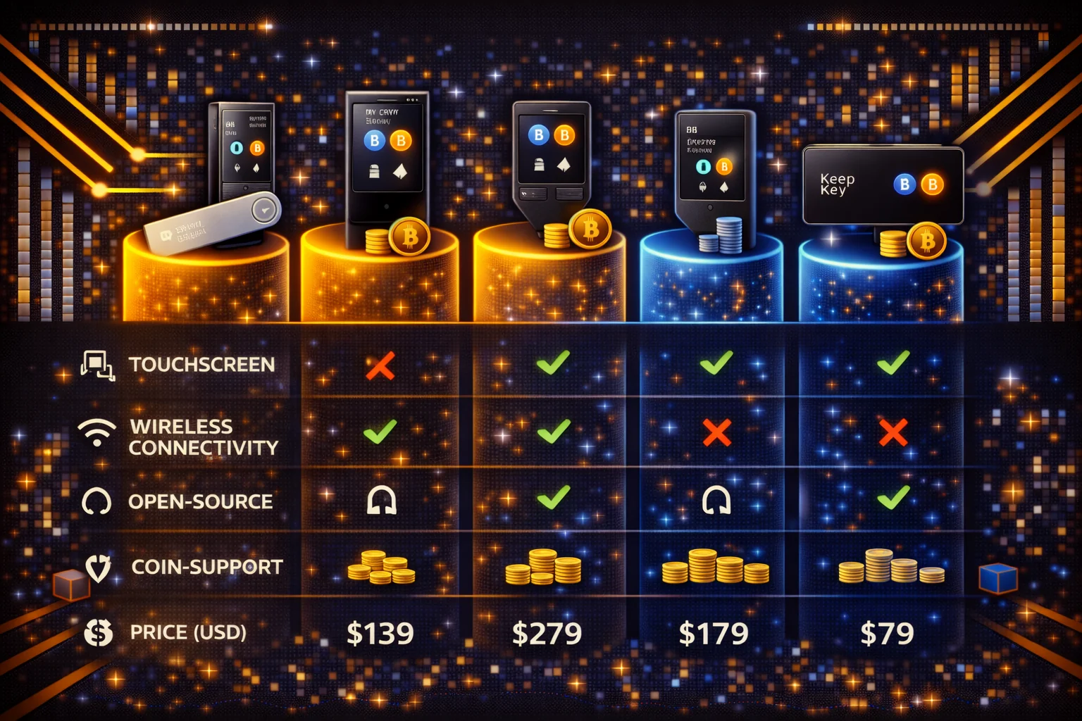 Hardware wallets feature comparison chart showing security, price, and supported cryptocurrencies across different models