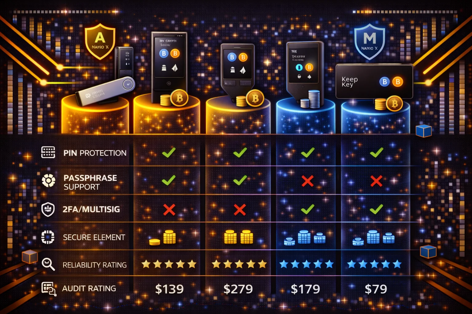 Security comparison chart of digital wallets showing encryption methods, backup options, and vulnerability protection