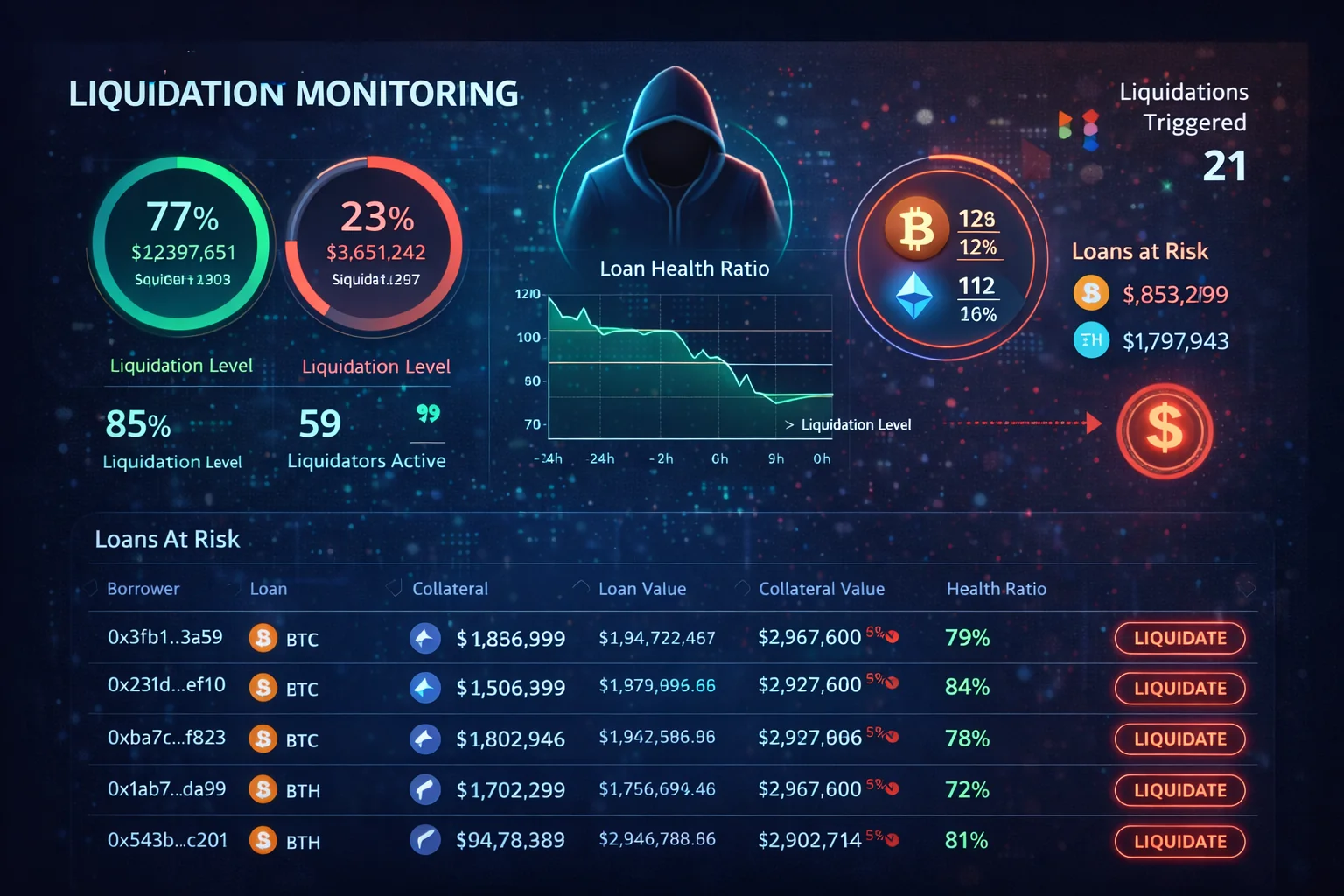 Liquidation monitoring dashboard: real-time health factors, price alerts, and risk metrics