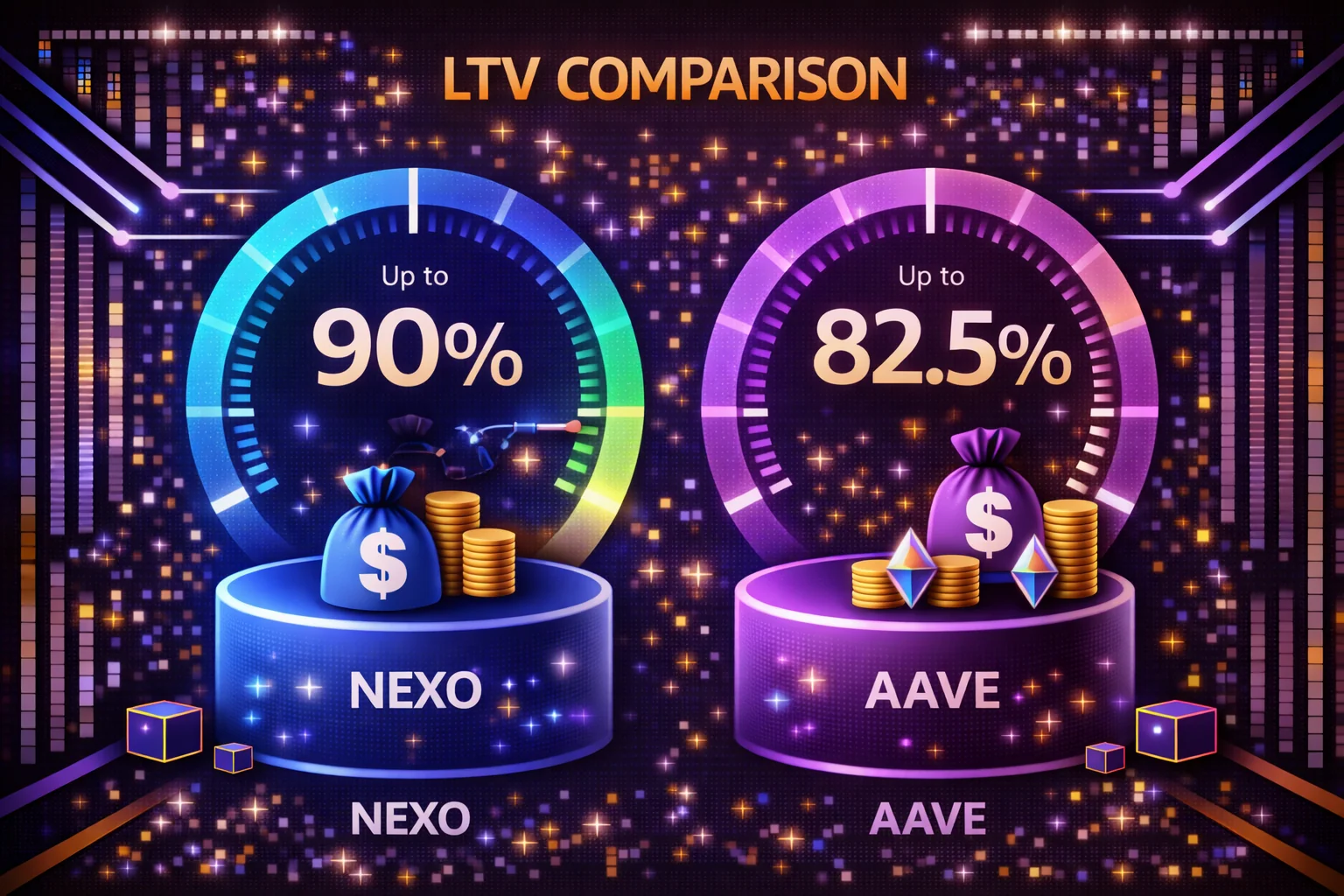 LTV comparison chart showing loan-to-value ratios for Nexo vs Aave