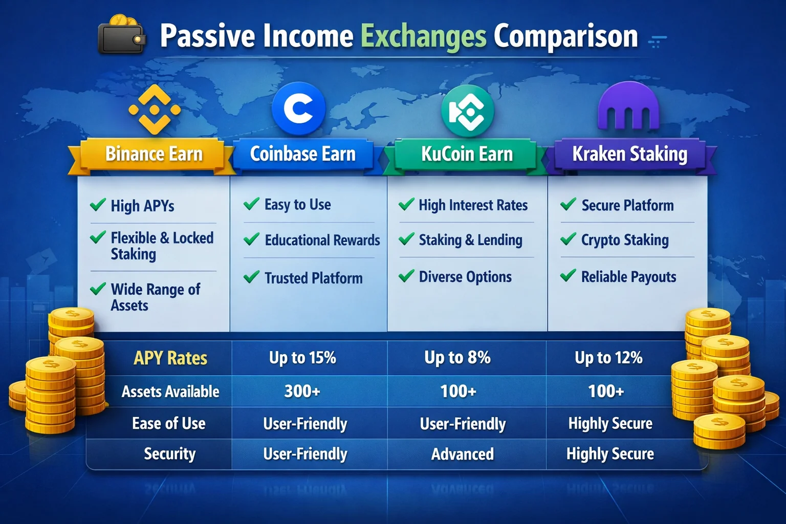 Comparison chart of top cryptocurrency exchanges for passive income showing yields and features