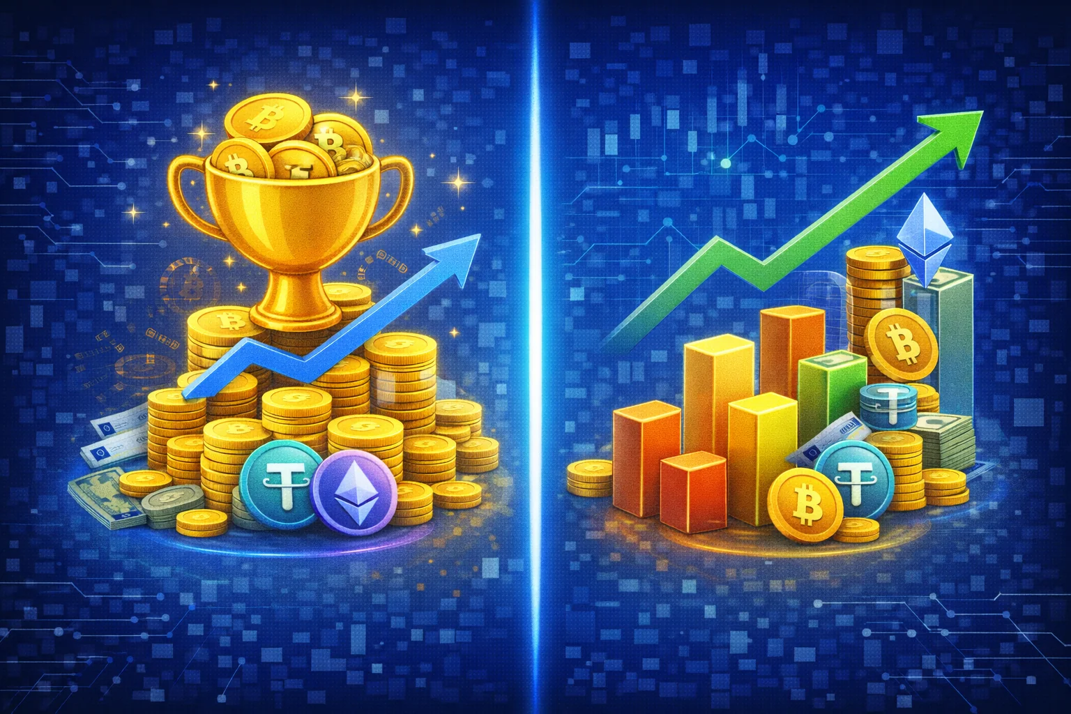 Staking vs yield comparison chart showing yields, risks, and key differences