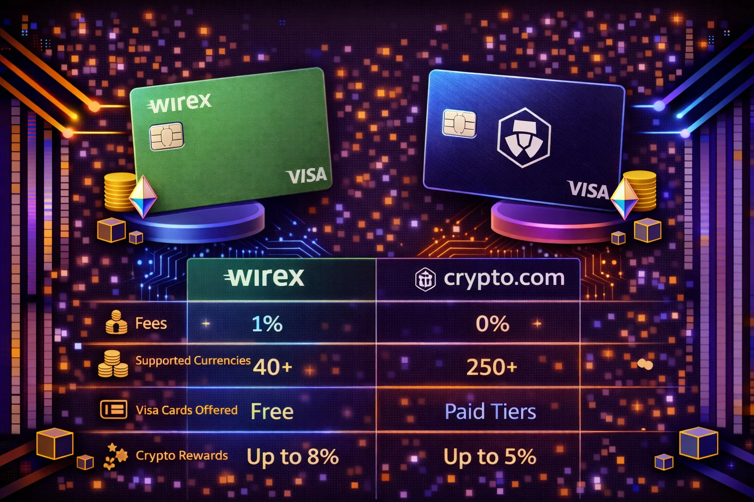 Detailed comparison chart of the Wirex vs the Crypto.com transaction solution capabilities, benefits, and requirements