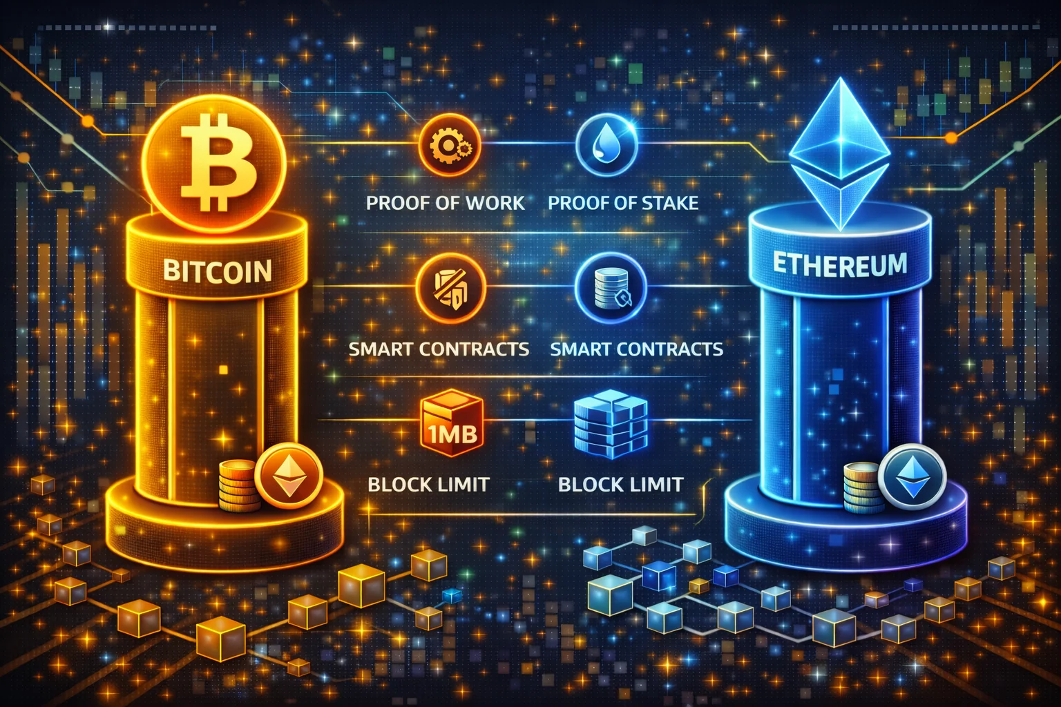 Bitcoin vs Ethereum technical comparison showing consensus mechanisms, transaction speeds, and energy efficiency