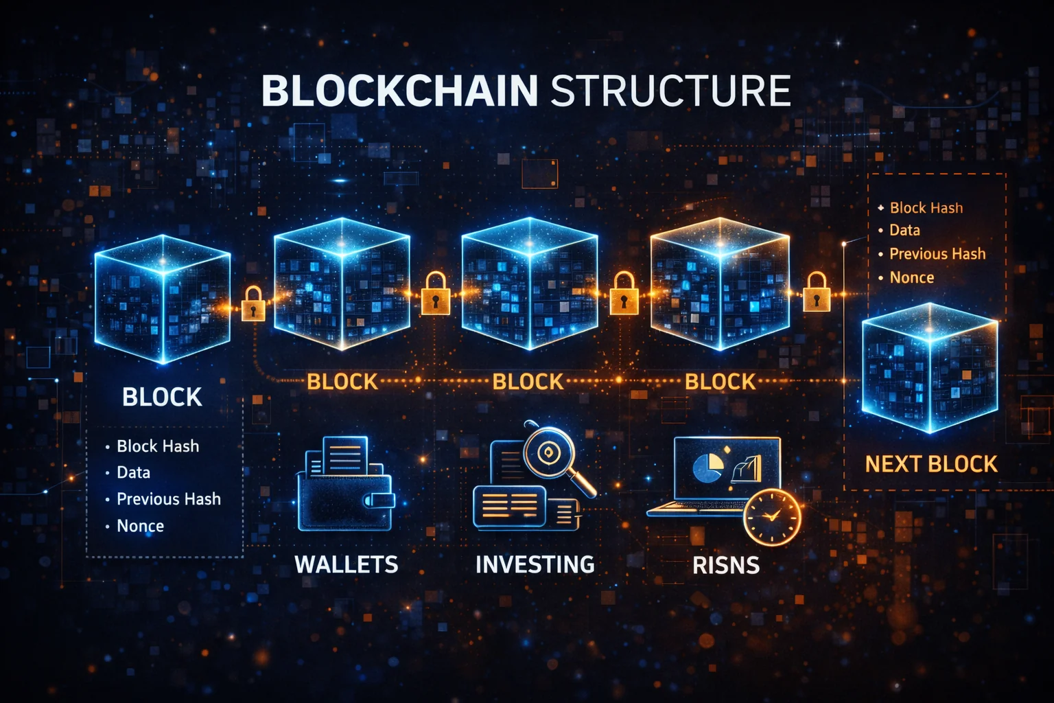 Blockchain structure diagram showing connected blocks with transaction data