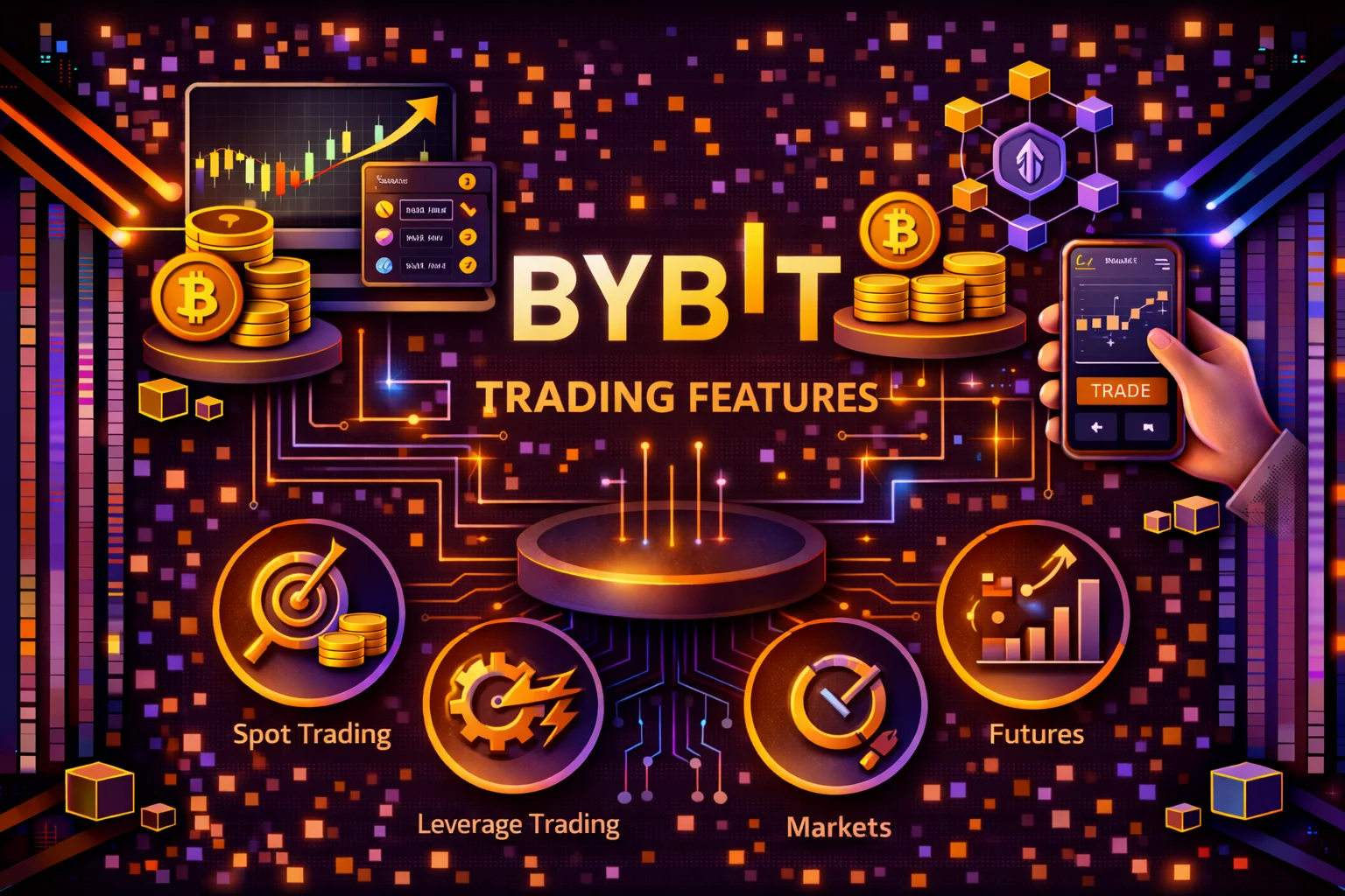Bybit trading features. This includes derivatives, spot trading, and advanced order types