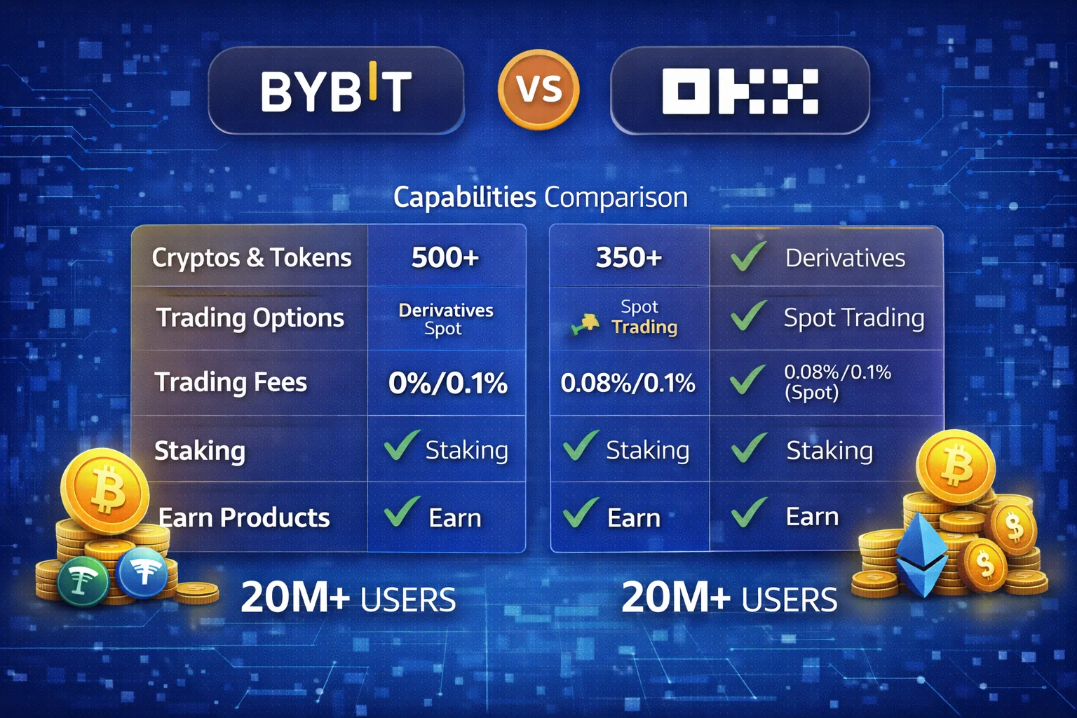Bybit vs OKX capabilities comparison showing trading fees, supported assets, and platform capabilities