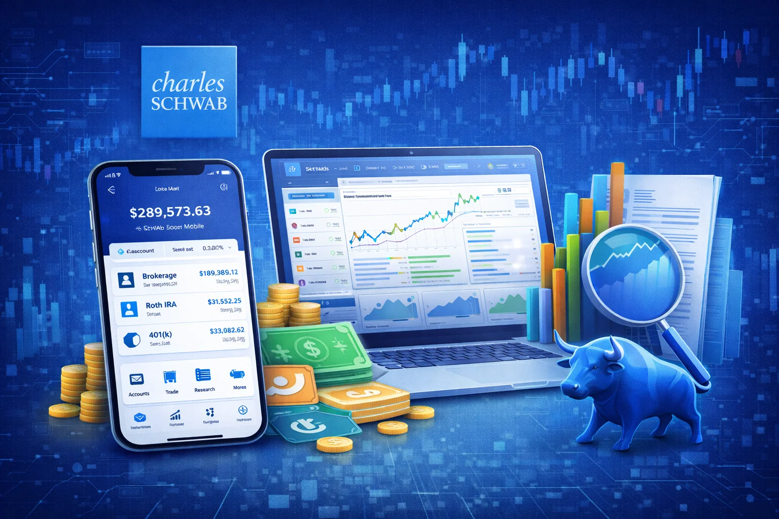 Schwab brokerage platform showing trading interface, research tools, and investment options