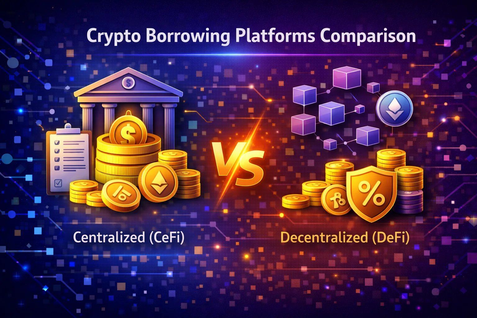 Cryptocurrency borrowing platforms comparison showing CeFi vs DeFi options, interest rates, and features
