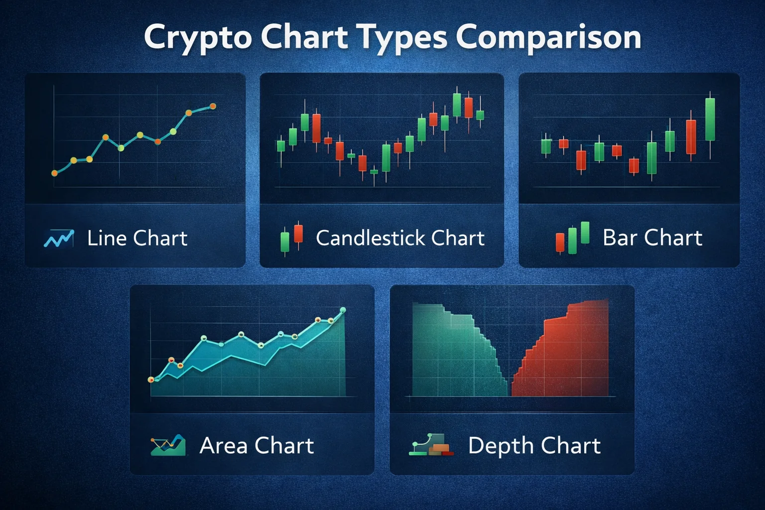 Different cryptocurrency chart types including candlestick, line, and bar charts