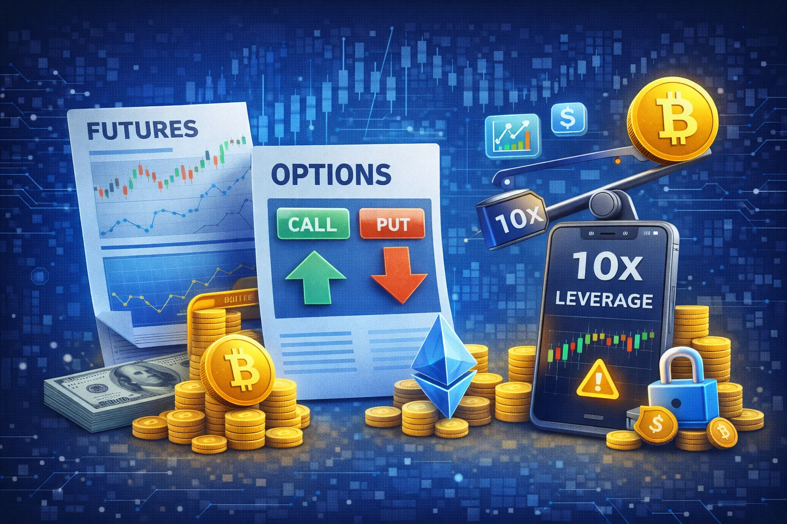 Cryptocurrency derivatives trading explained showing futures, options, and perpetual swaps