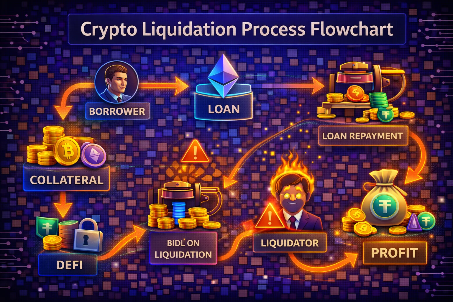Step-by-step flowchart showing how cryptocurrency liquidation works from collateral drop to asset sale