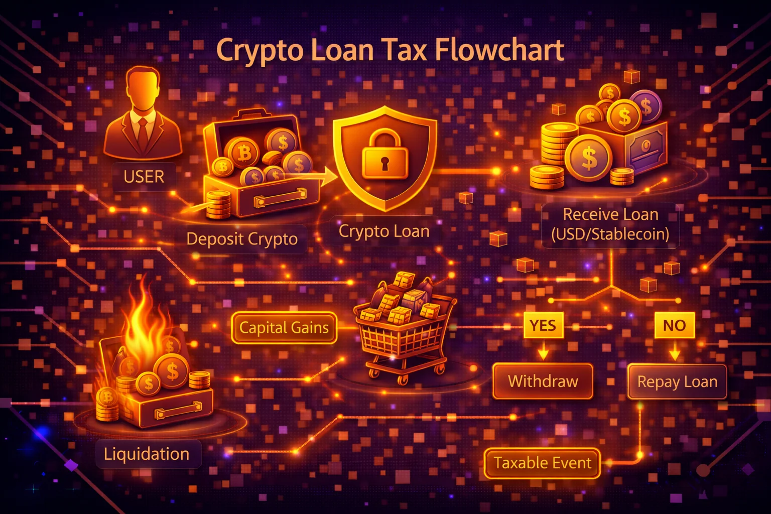 IRS cryptocurrency loan tax treatment flowchart showing taxable vs non-taxable events