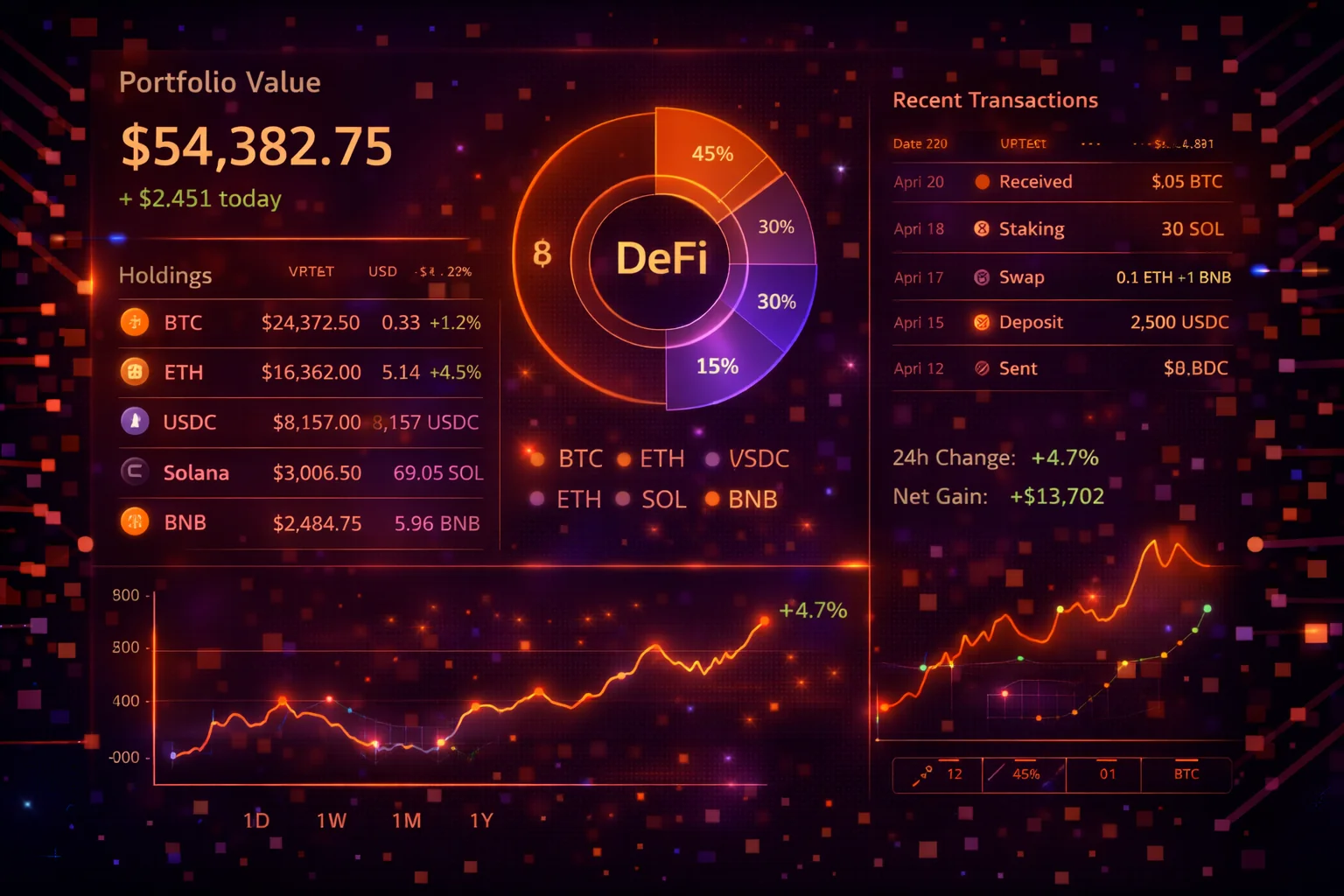 Screenshot of modern crypto portfolio tracking dashboard showing multiple wallets and exchanges