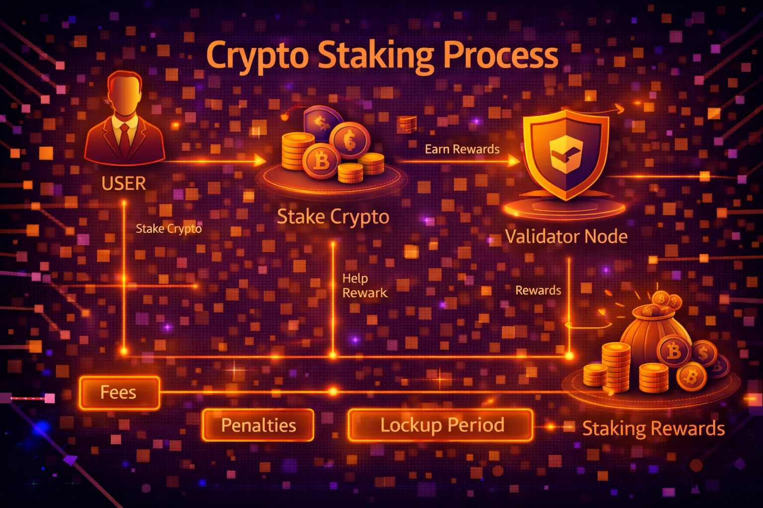 Diagram showing crypto staking process with validators, delegators, and reward distribution