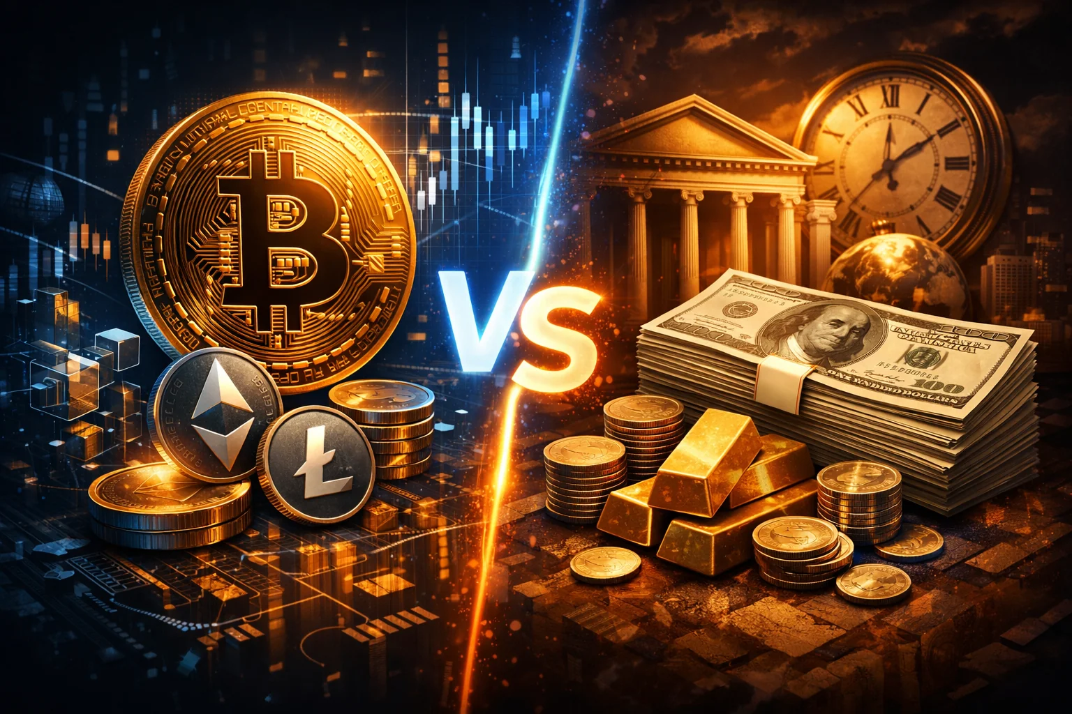 Side-by-side comparison of cryptocurrency and traditional money features and benefits