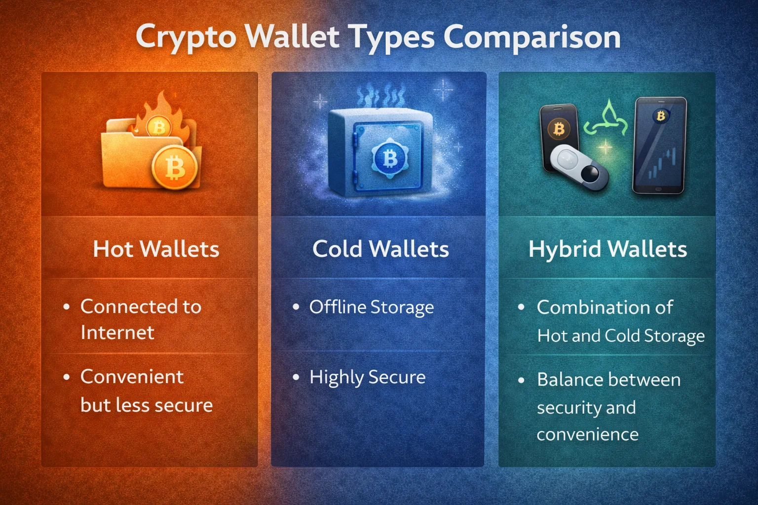 Comparison of cryptocurrency wallet types including hardware, mobile, desktop, and web wallets