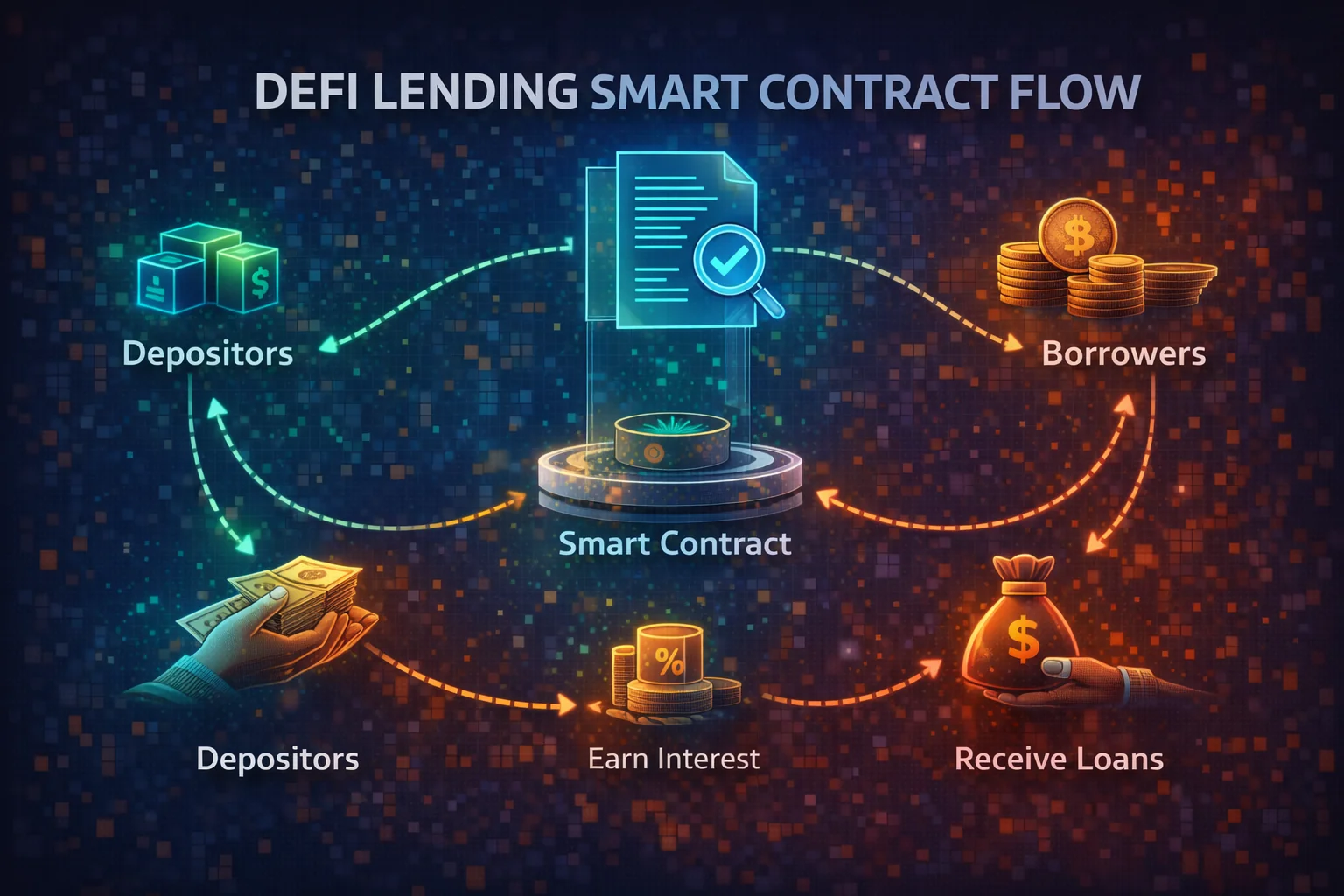 DeFi lending smart contract architecture with liquidity pools, interest calculation, and liquidation mechanisms