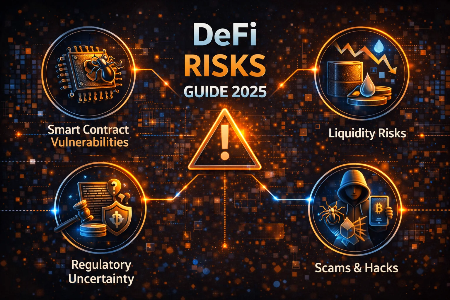 Comprehensive guide to DeFi risks in 2025 showing smart contract vulnerabilities, impermanent loss, and security measures