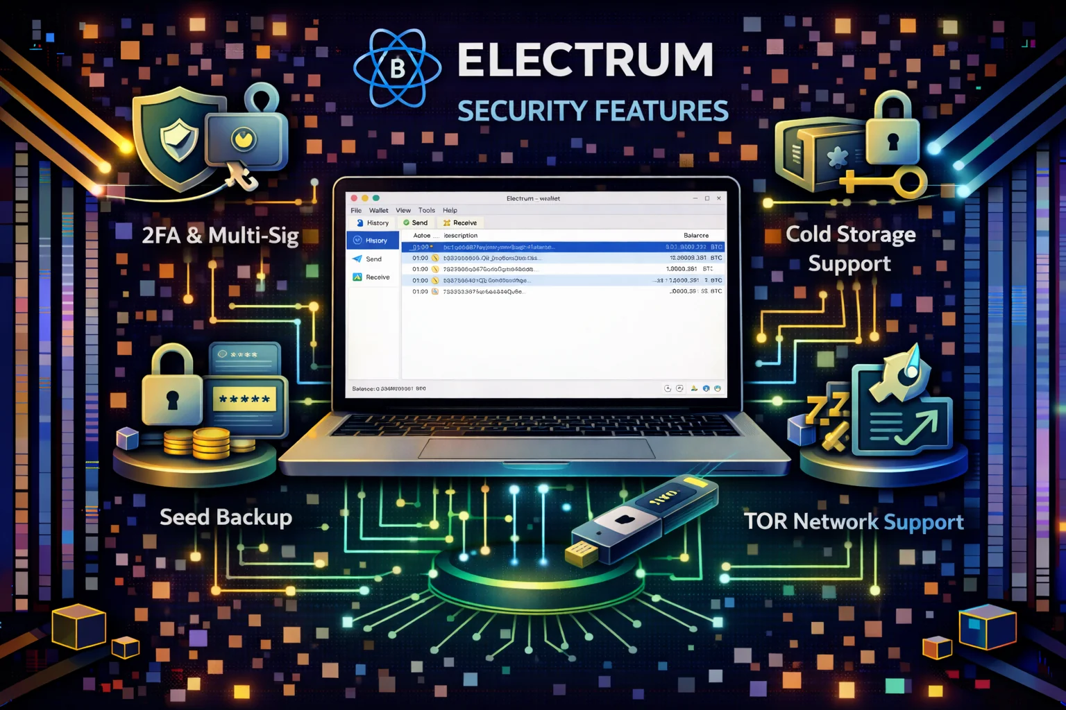 Electrum wallet security features including multi-signature and hardware wallet integration