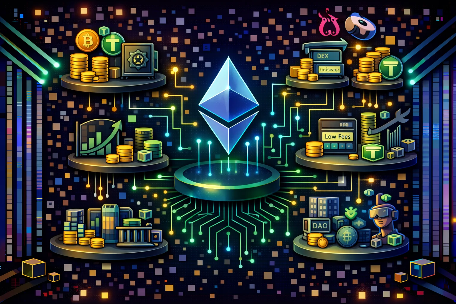 Ethereum DeFi ecosystem showing major protocols like Uniswap, Aave, and Compound