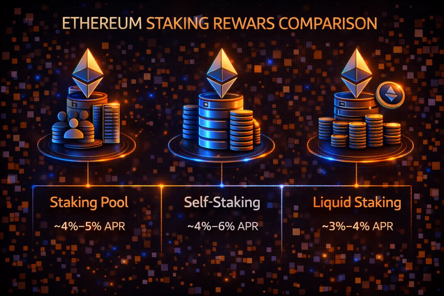 Ethereum staking rewards comparison showing APY rates, fees, and benefits across different staking methods
