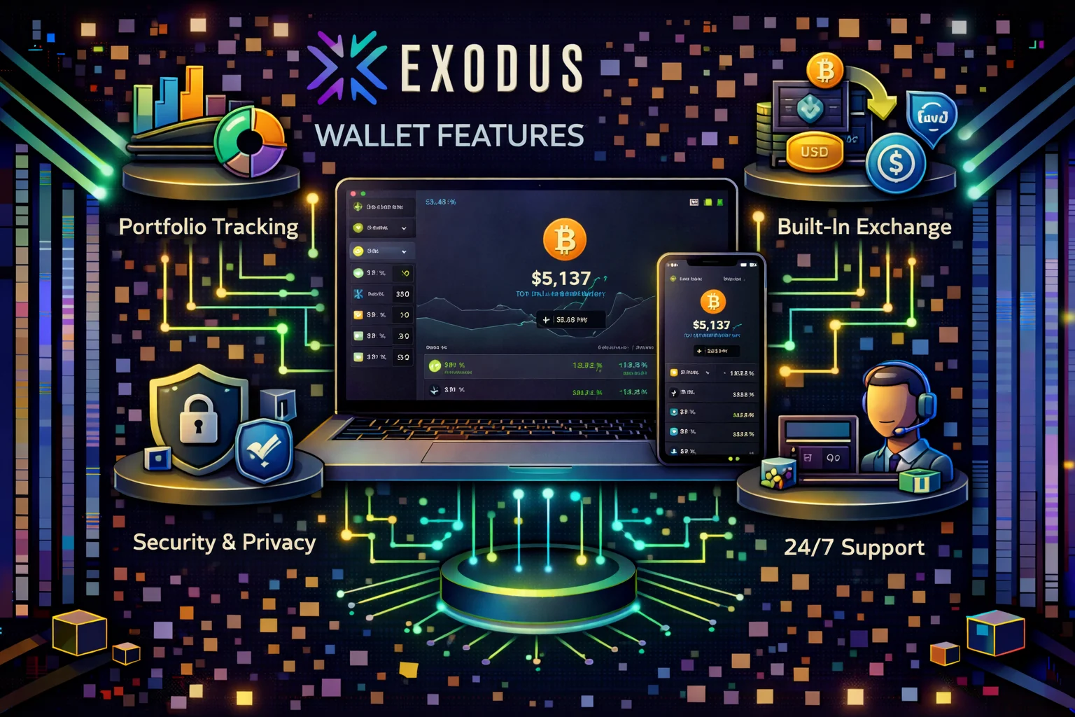 Key features including multi-currency support and built-in exchange