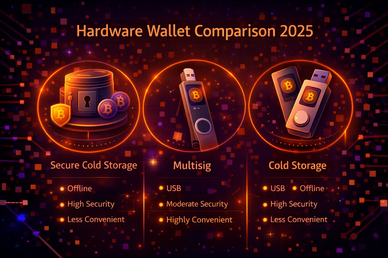 Comparison of popular hardware wallets showing Ledger, Trezor, and Tangem devices