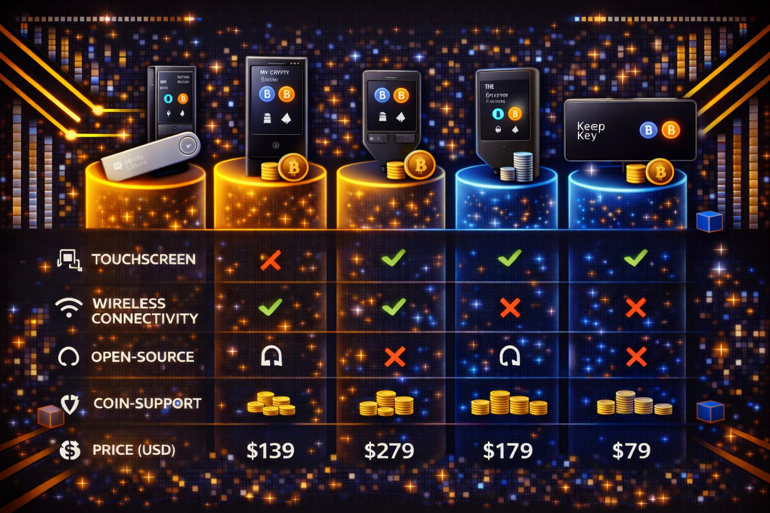 Detailed wallet hardwares comparison showing security features, supported coins, and user interfaces across different brands