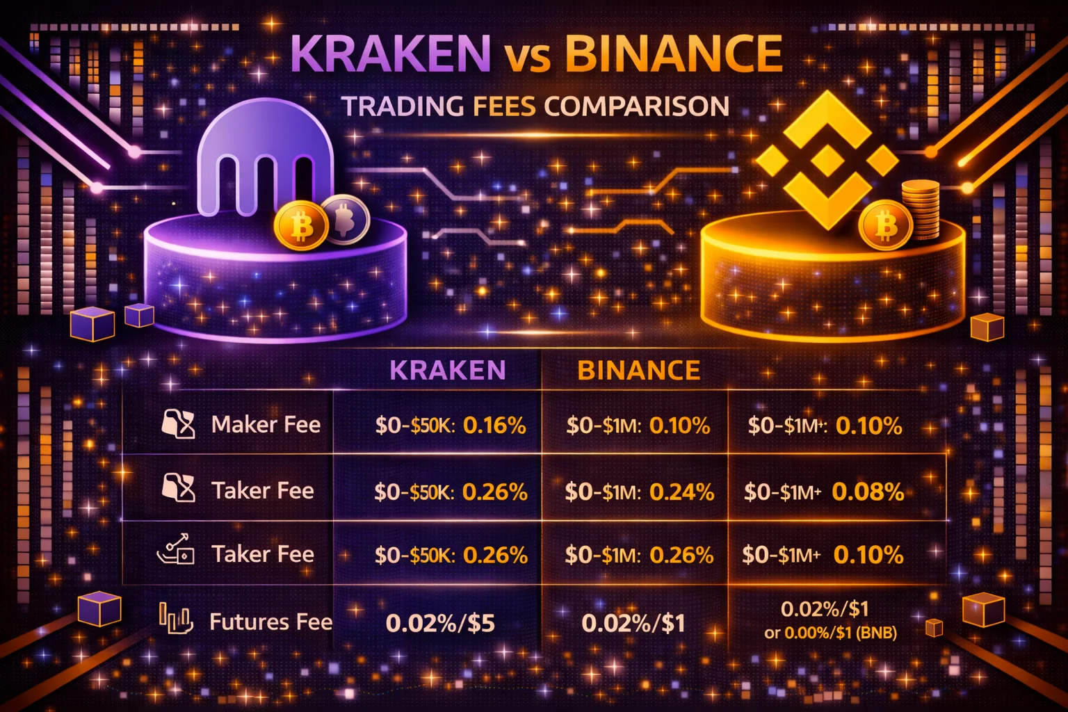 Detailed fee comparison between Kraken and Binance showing trading and withdrawal costs