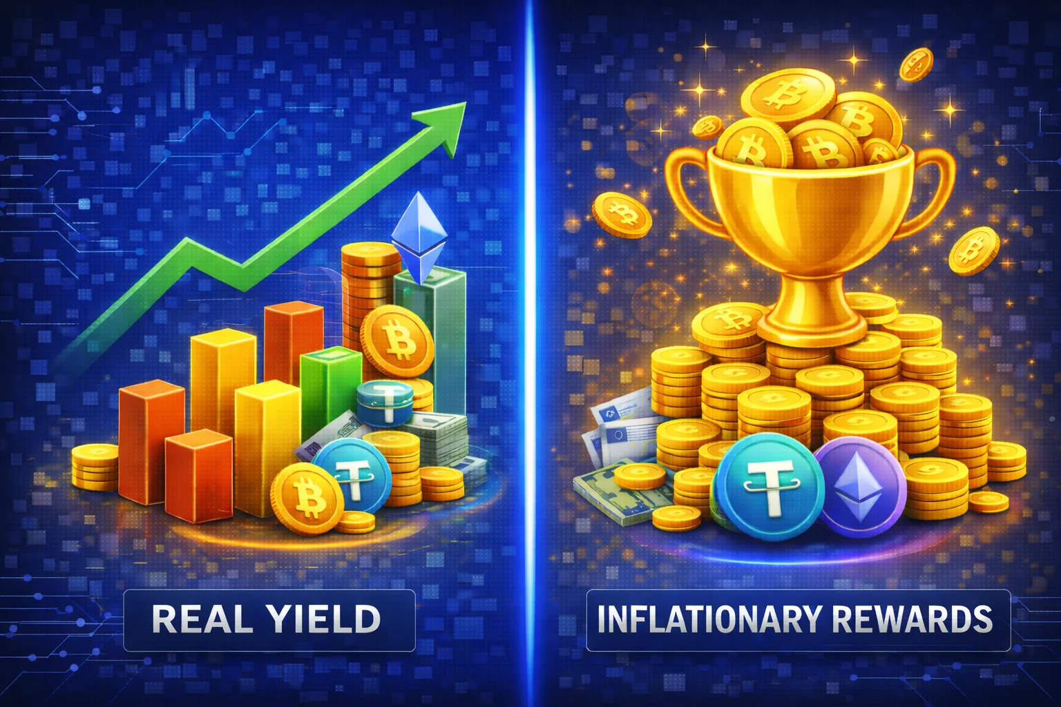 Comparison of real yield vs inflationary rewards showing sustainability and value creation