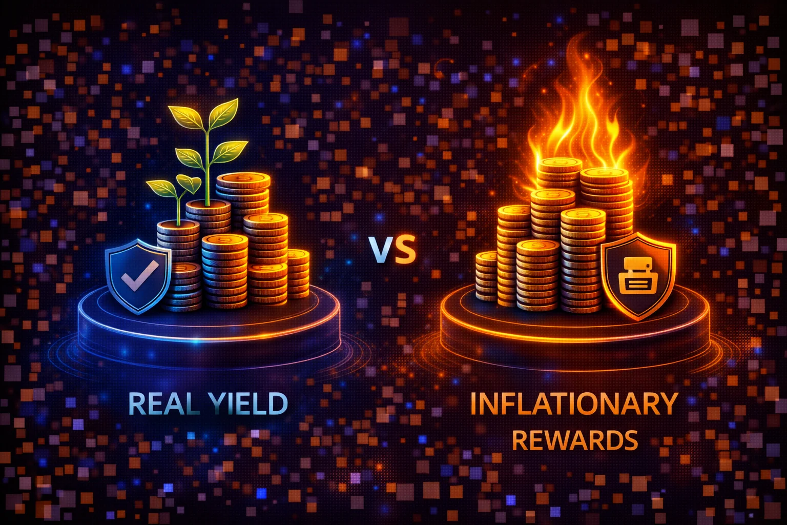 Comparison of real yield versus inflationary rewards in DeFi protocols showing sustainability and risk factors