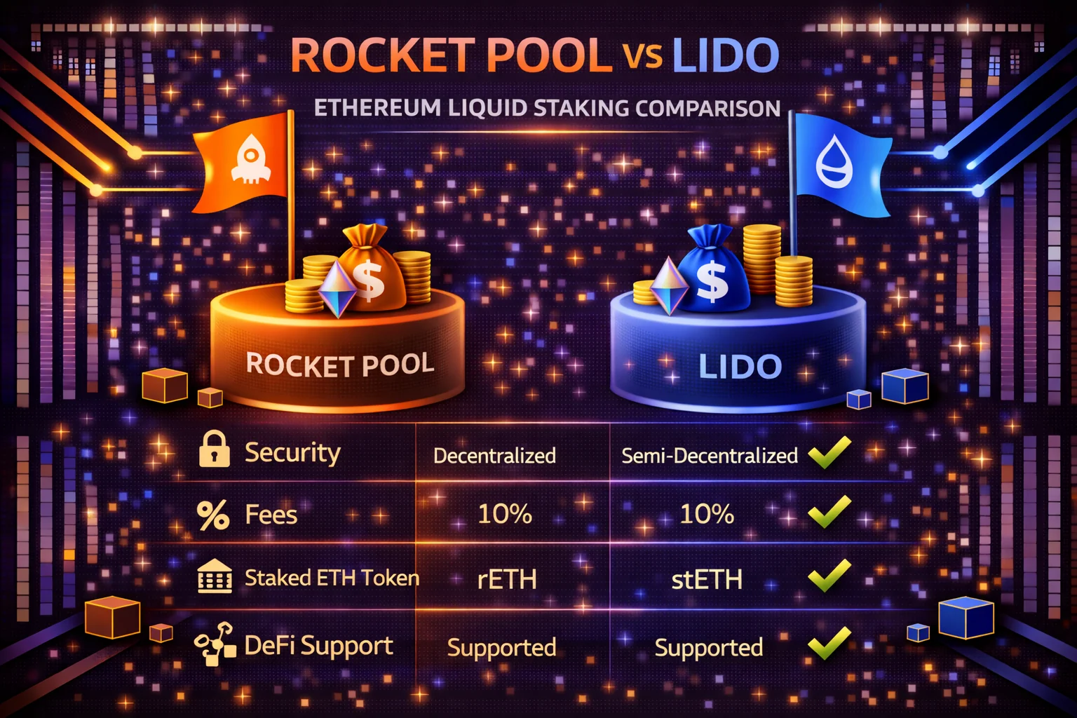 Rocket Pool vs Lido comparison showing decentralisation, yields, and features of both Ethereum staking protocols