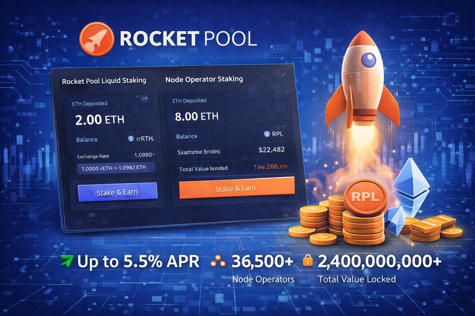 RocketPool decentralised staking interface showing rETH liquid staking and node operator features