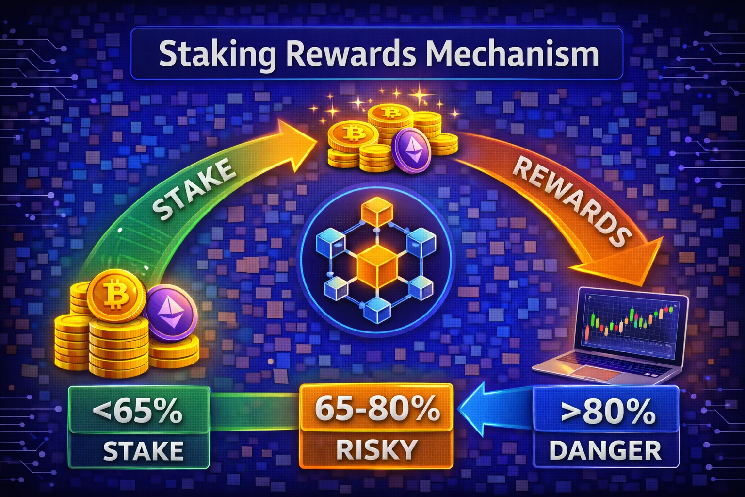 Staking rewards mechanism showing block rewards, transaction fees, and validator participation in blockchain networks