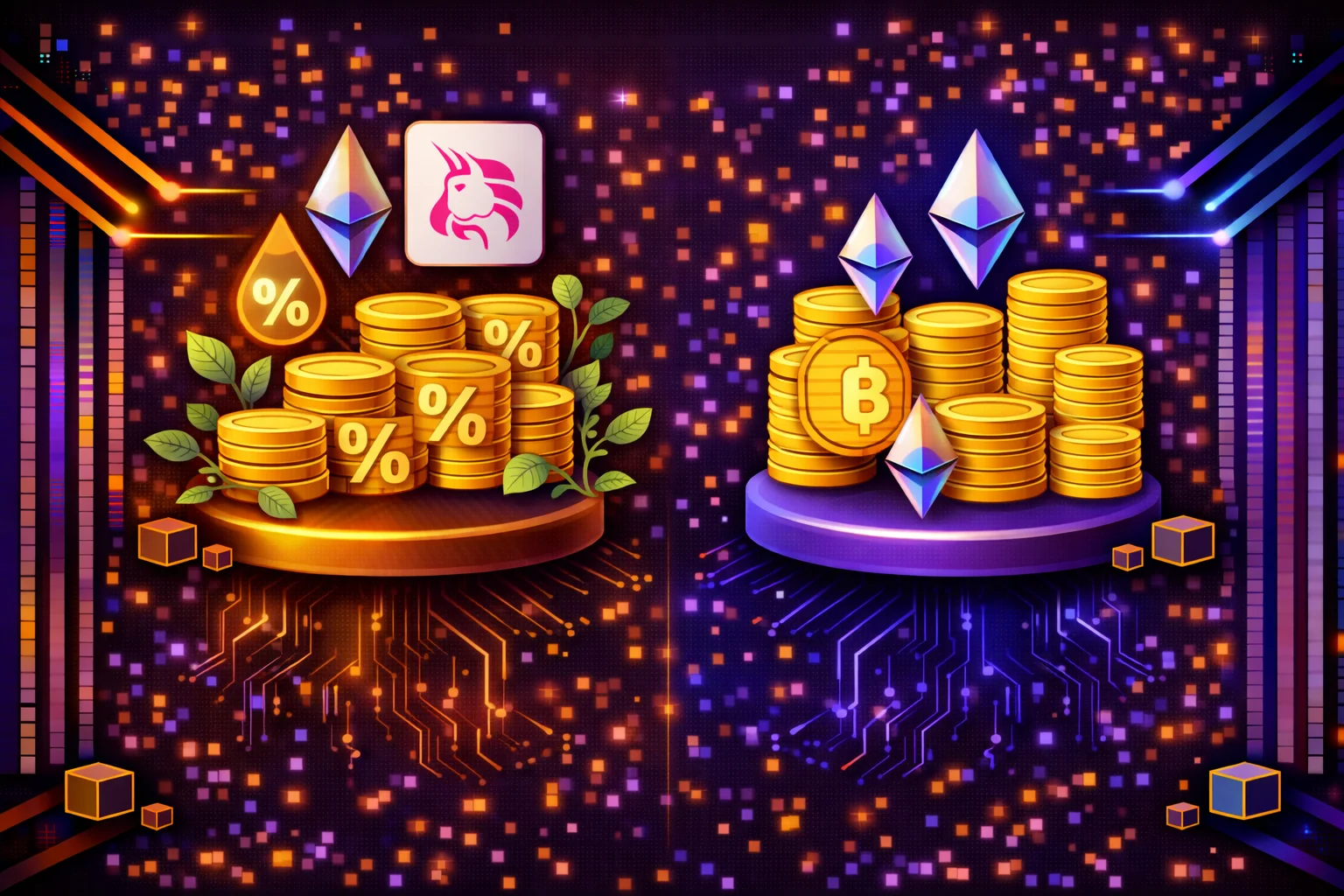 Staking vs yield farming strategies comparison showing risk-reward profiles and implementation approaches