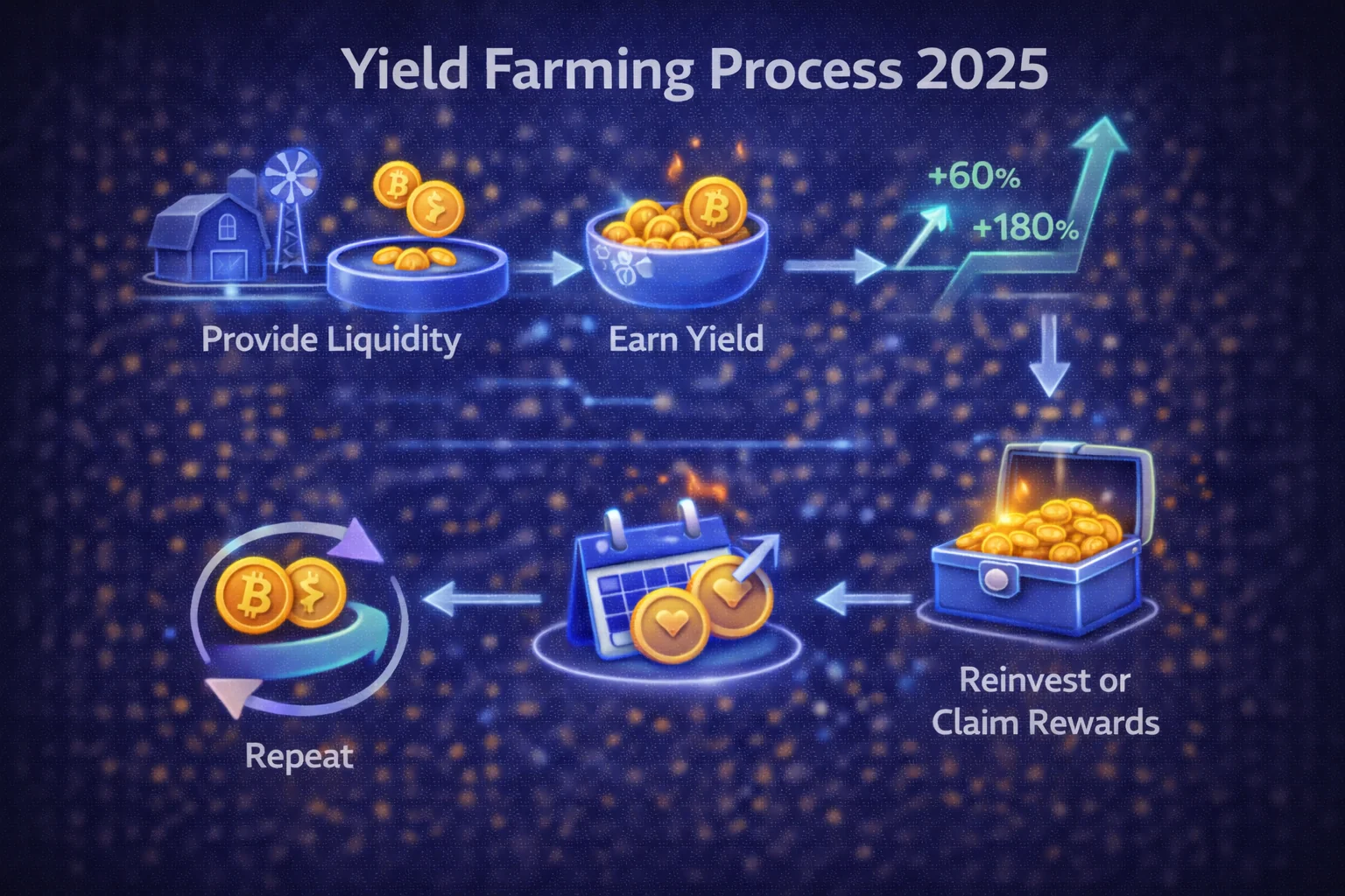 Yield farming process diagram showing liquidity provision, rewards distribution, and DeFi protocol interaction