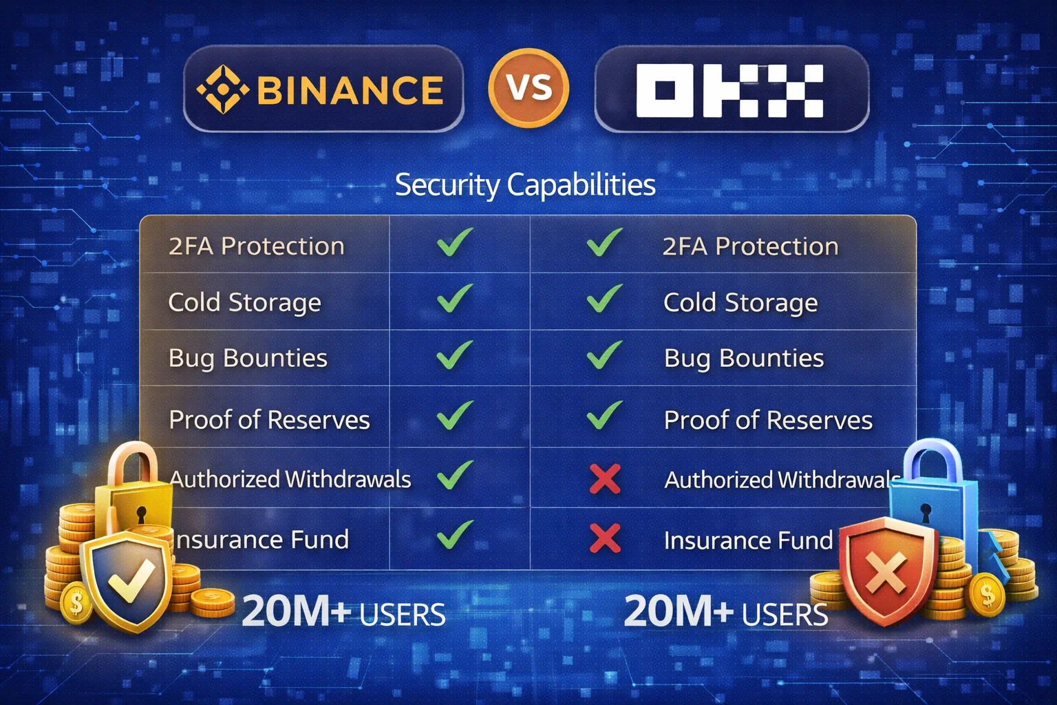 Security capabilities comparison infographic between Binance and OKX exchanges