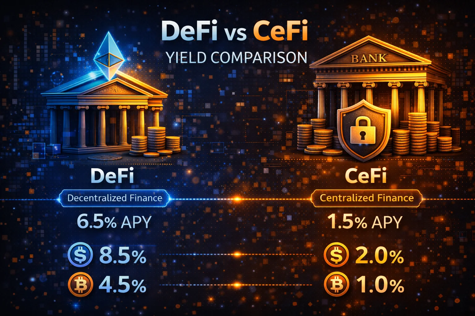 Infographic showing DeFi vs CeFi yield comparison with risk levels, returns, and platform examples