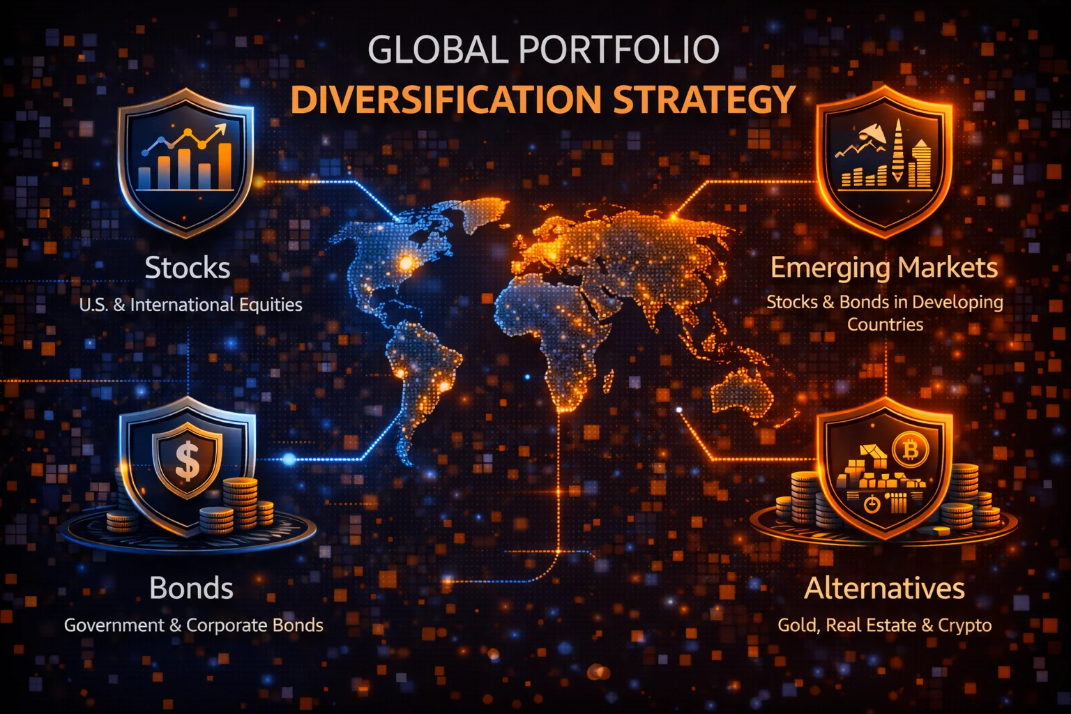 Global portfolio diversification strategy infographic showing asset allocation across regions and currencies