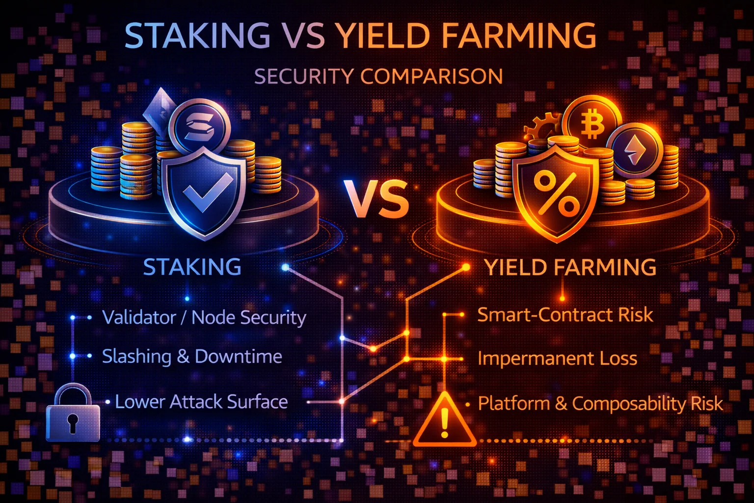 Security comparison infographic showing risk levels between staking and yield farming strategies