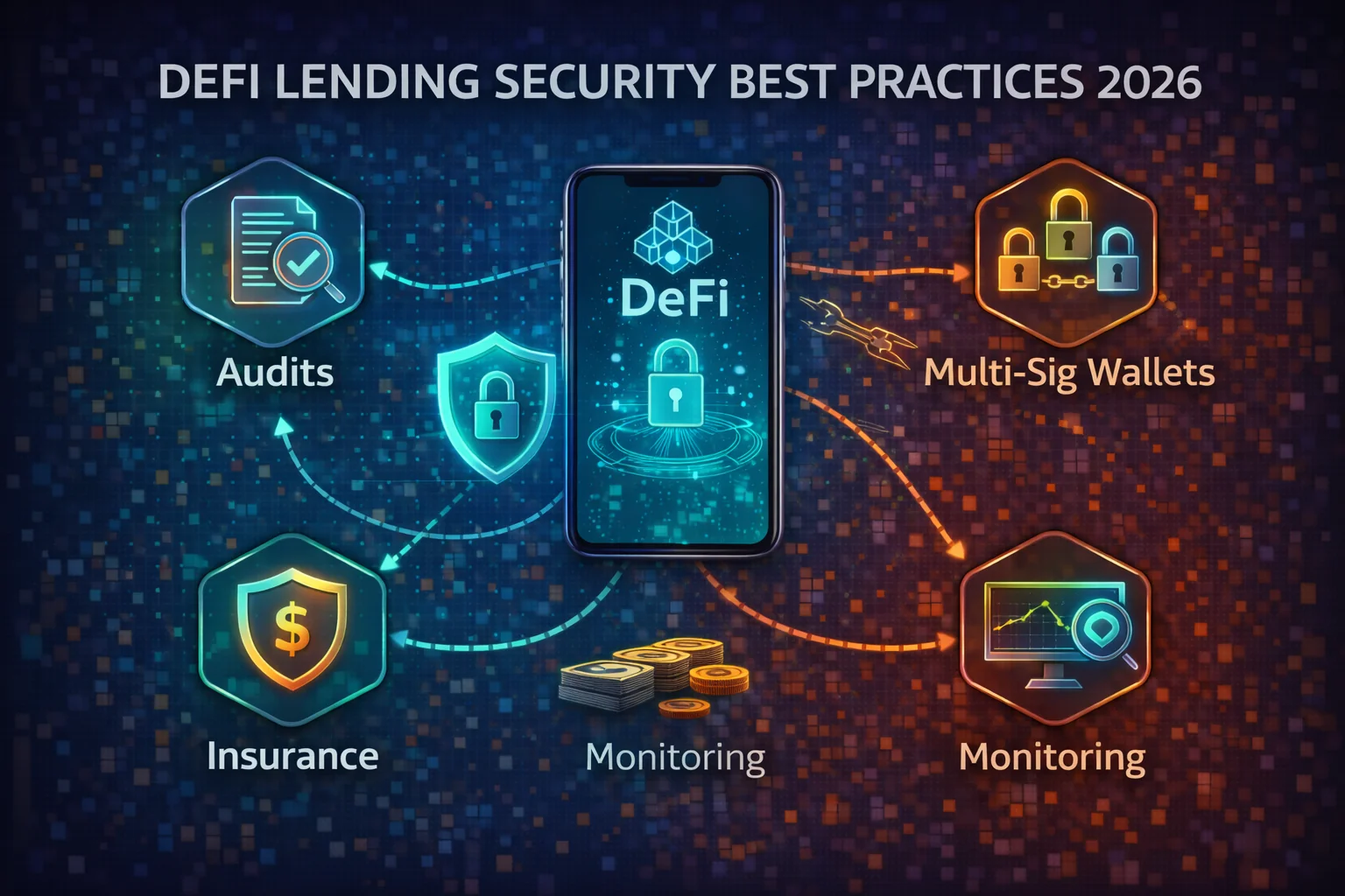 DeFi lending security framework showing smart contract audits, wallet protection, and risk mitigation